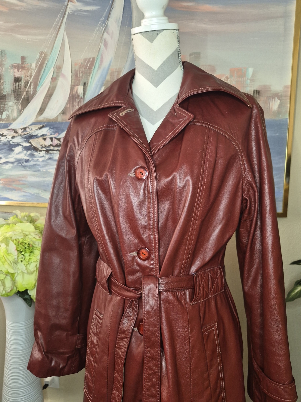 Vintage Red Leather Women's Trench Coat - Picture 9 of 10